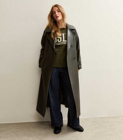 Dark Khaki Faux Leather Trench Coat
