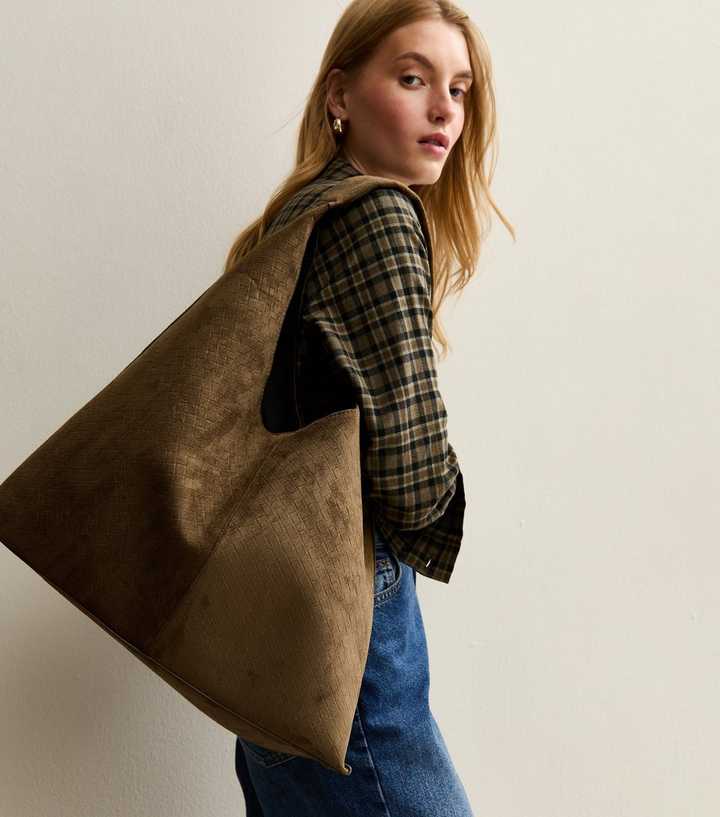 Dark Khaki Faux Suede Woven Effect Slouch Shoulder Bag