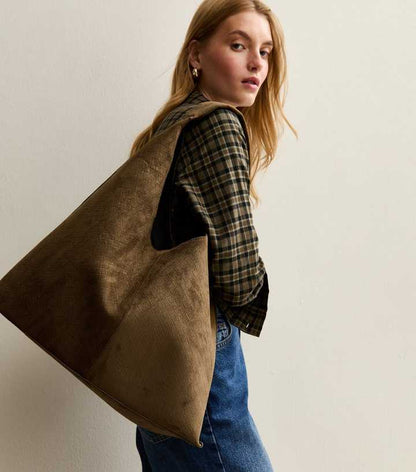 Dark Khaki Faux Suede Woven Effect Slouch Shoulder Bag