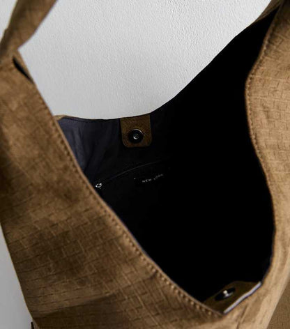 Dark Khaki Faux Suede Woven Effect Slouch Shoulder Bag
