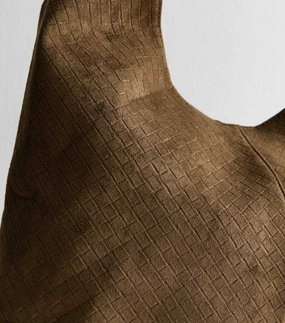 Dark Khaki Faux Suede Woven Effect Slouch Shoulder Bag