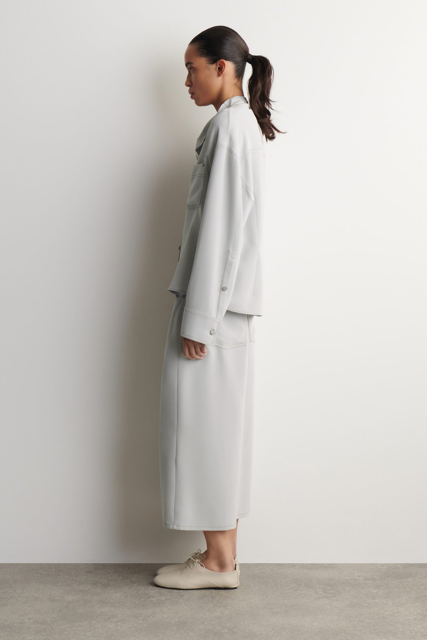 Denim-Effect Silk Funnel-Neck Shirt