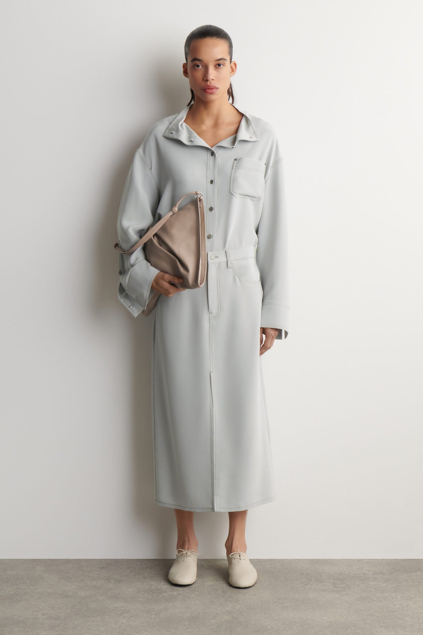 Denim-Effect Silk Funnel-Neck Shirt