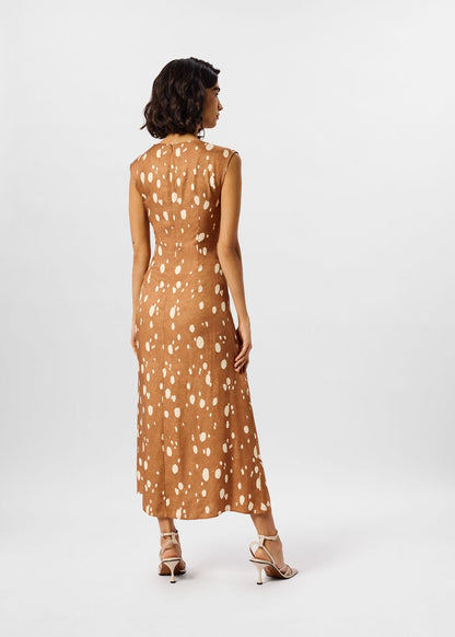 Brown Sleeveless Spot Viscose Midi Dress