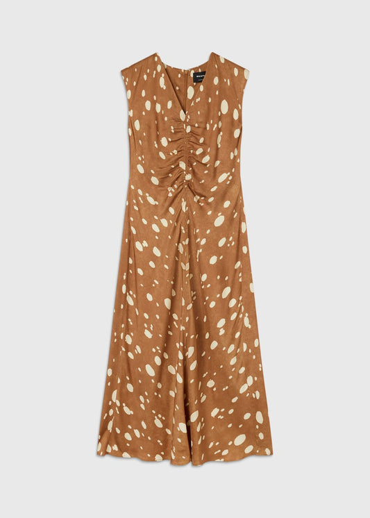 Brown Sleeveless Spot Viscose Midi Dress