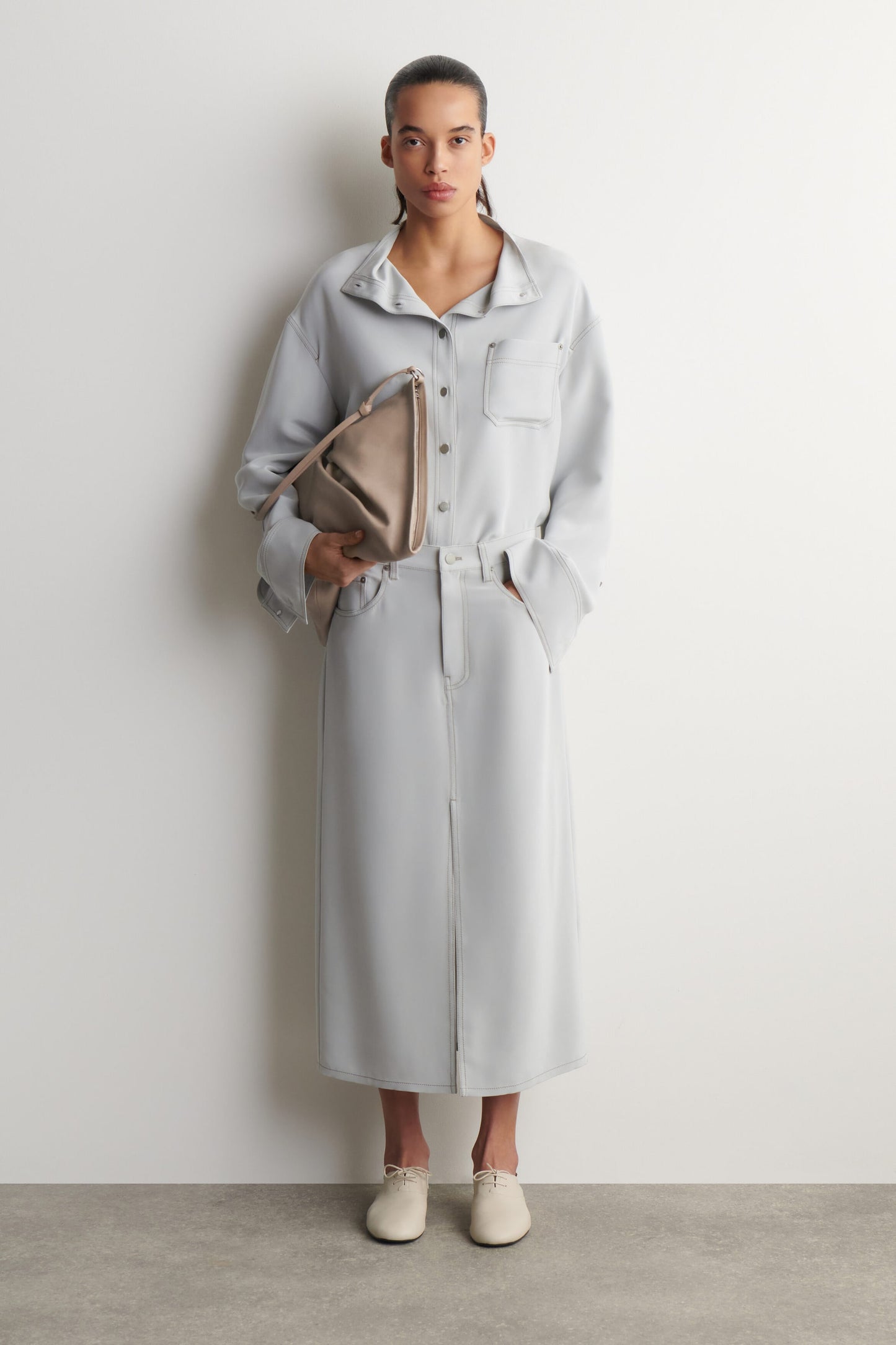 Denim-Effect Silk Midi Skirt