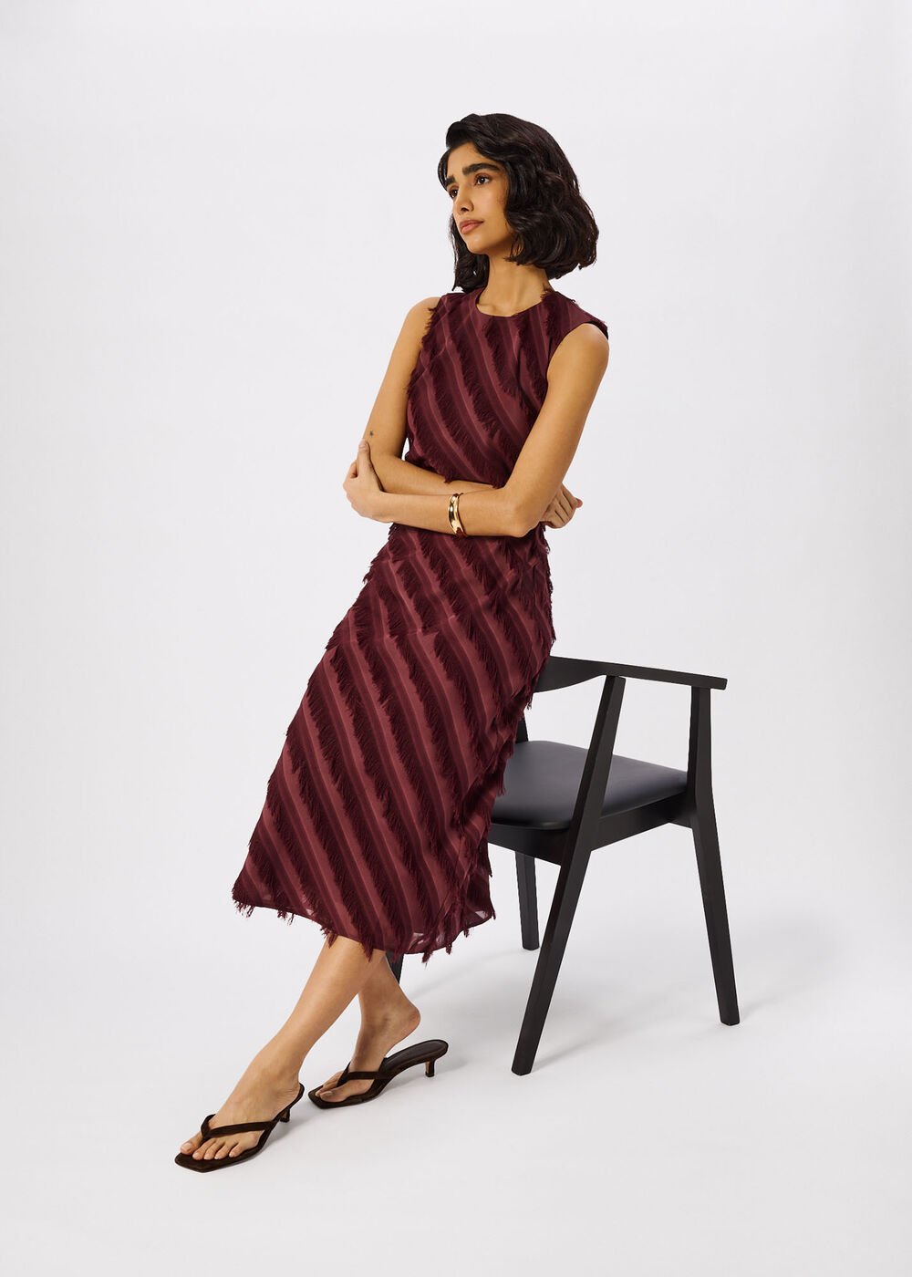 Brown Diagonal Fringe Textured Dress