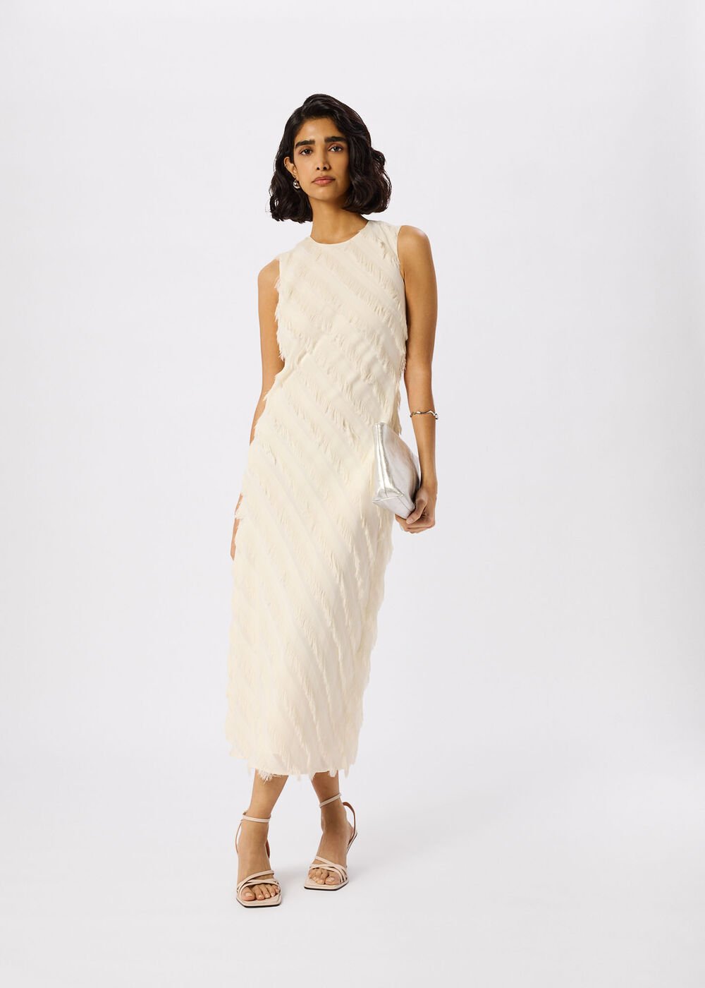 Ivory Diagonal Fringe Textured Dress