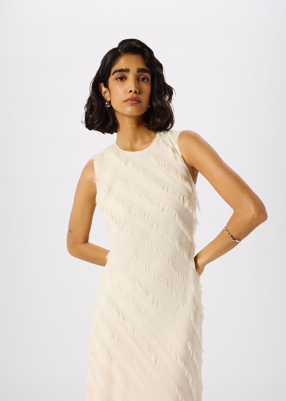 Ivory Diagonal Fringe Textured Dress