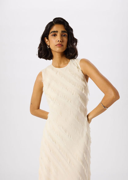 Ivory Diagonal Fringe Textured Dress