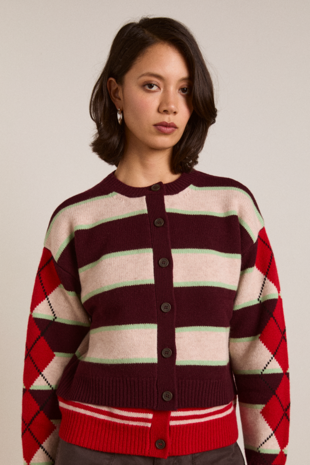 Didi Merino Wool Cardigan Burg Argyle/Stripe