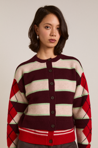 Didi Merino Wool Cardigan Burg Argyle/Stripe