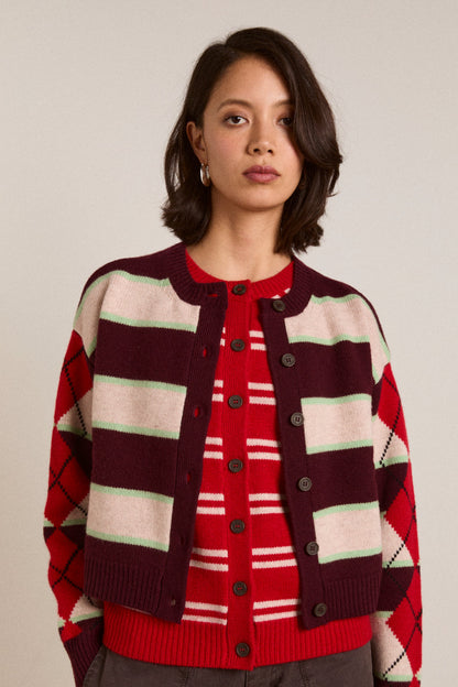 Didi Merino Wool Cardigan Burg Argyle/Stripe