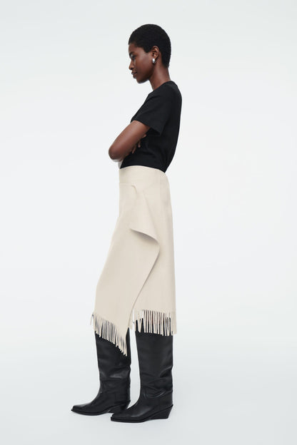 Fringed Wool Midi Wrap Skirt