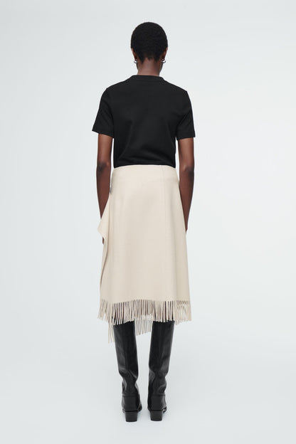 Fringed Wool Midi Wrap Skirt