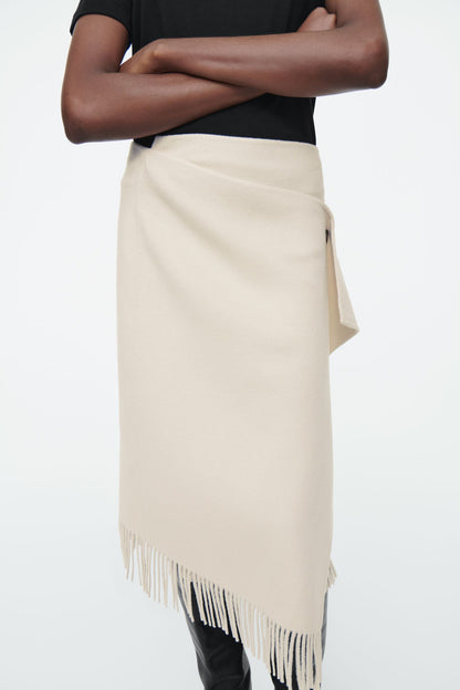 Fringed Wool Midi Wrap Skirt