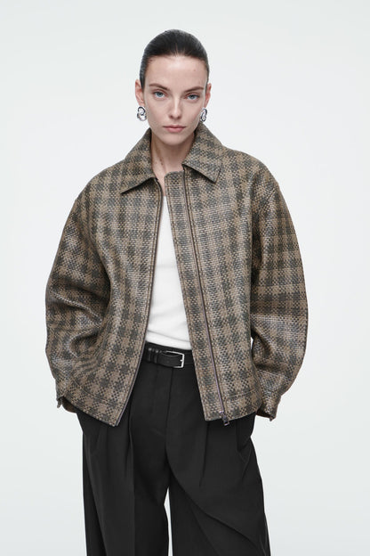 Checked Woven Leather Jacket