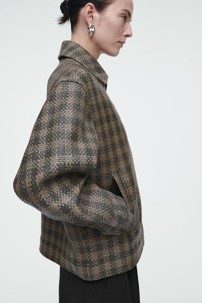 Checked Woven Leather Jacket