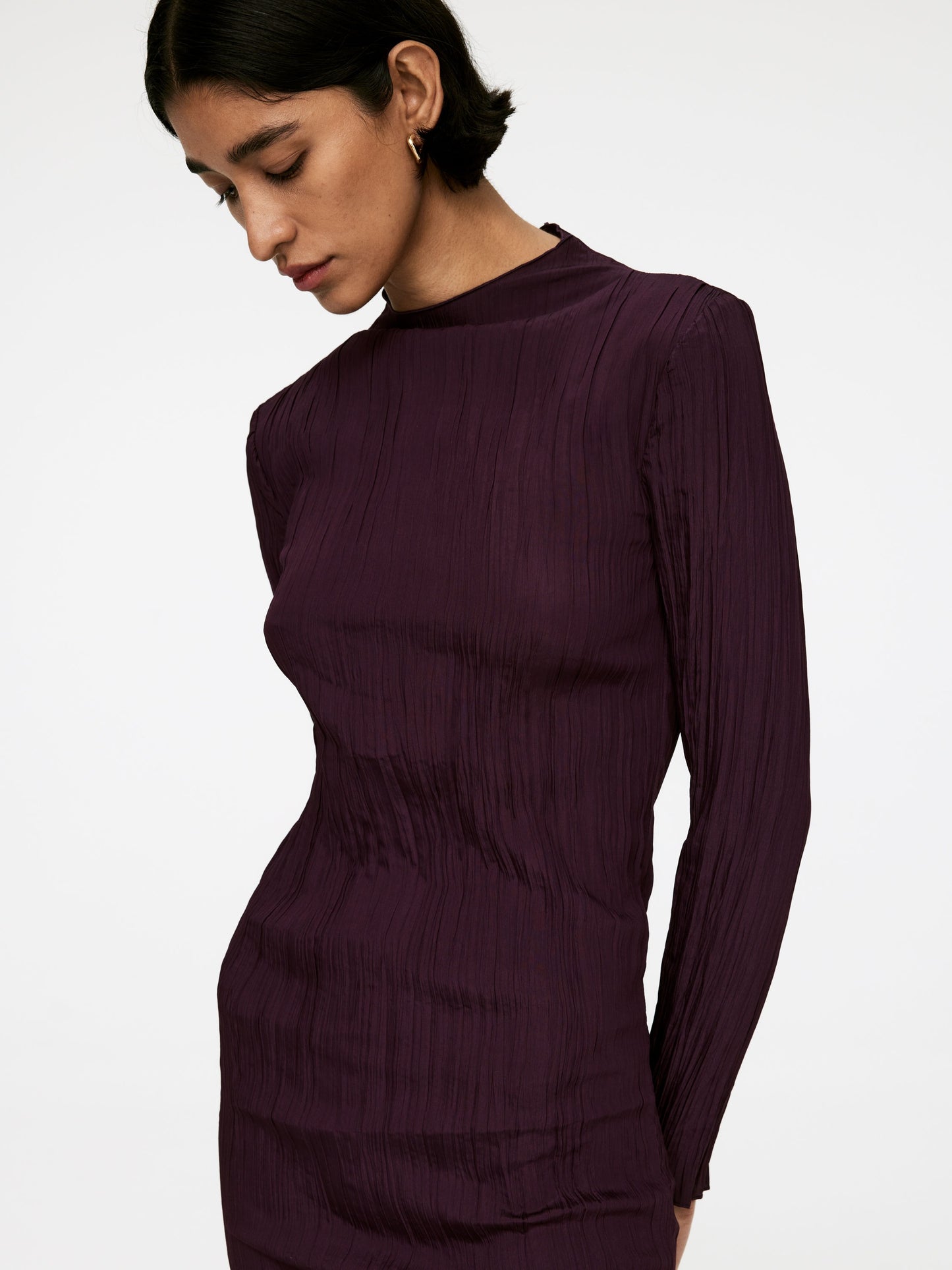 Mock-Neck Plissé Dress