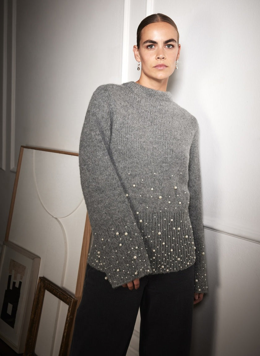 Grey Pearl Embellished Jumper