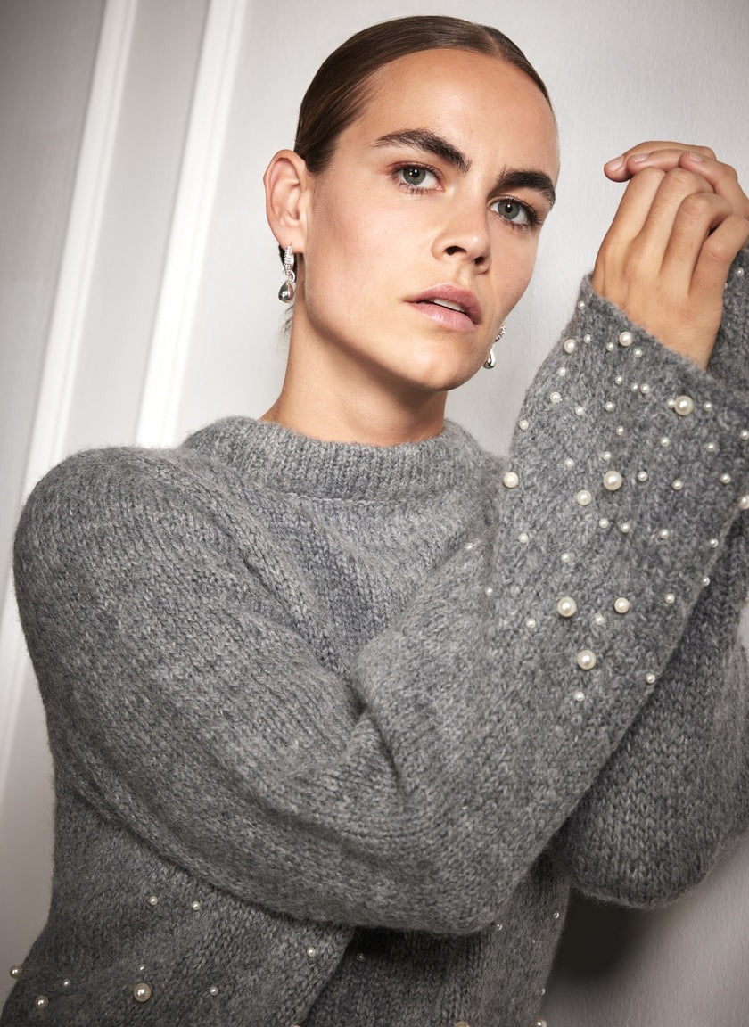 Grey Pearl Embellished Jumper