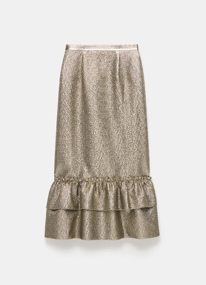 Gold Metallic Ruffle Hem Midi Skirt