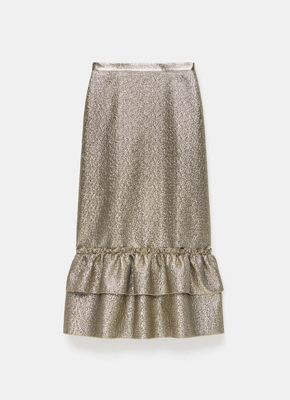 Gold Metallic Ruffle Hem Midi Skirt