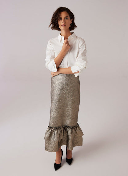 Gold Metallic Ruffle Hem Midi Skirt