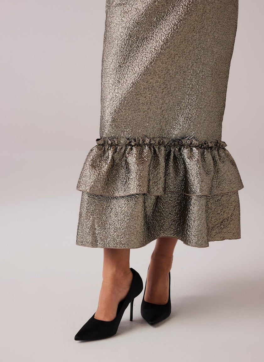 Gold Metallic Ruffle Hem Midi Skirt