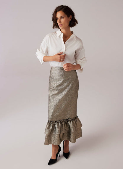 Gold Metallic Ruffle Hem Midi Skirt