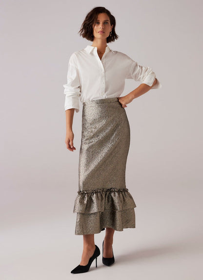 Gold Metallic Ruffle Hem Midi Skirt