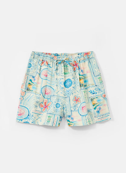 Cream Postcard Print Shorts