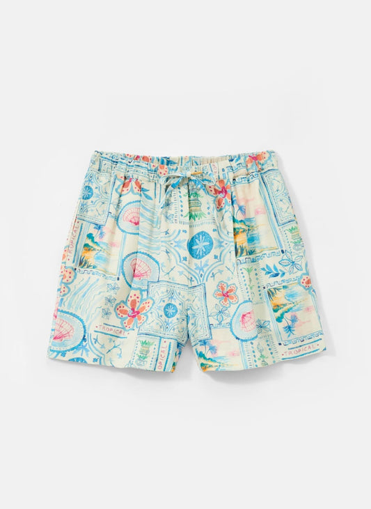 Cream Postcard Print Shorts