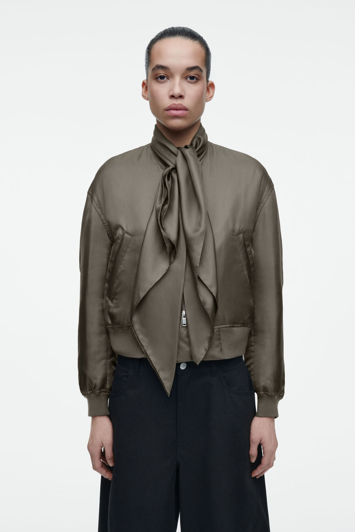 Scarf-detail padded silk bomber jacket