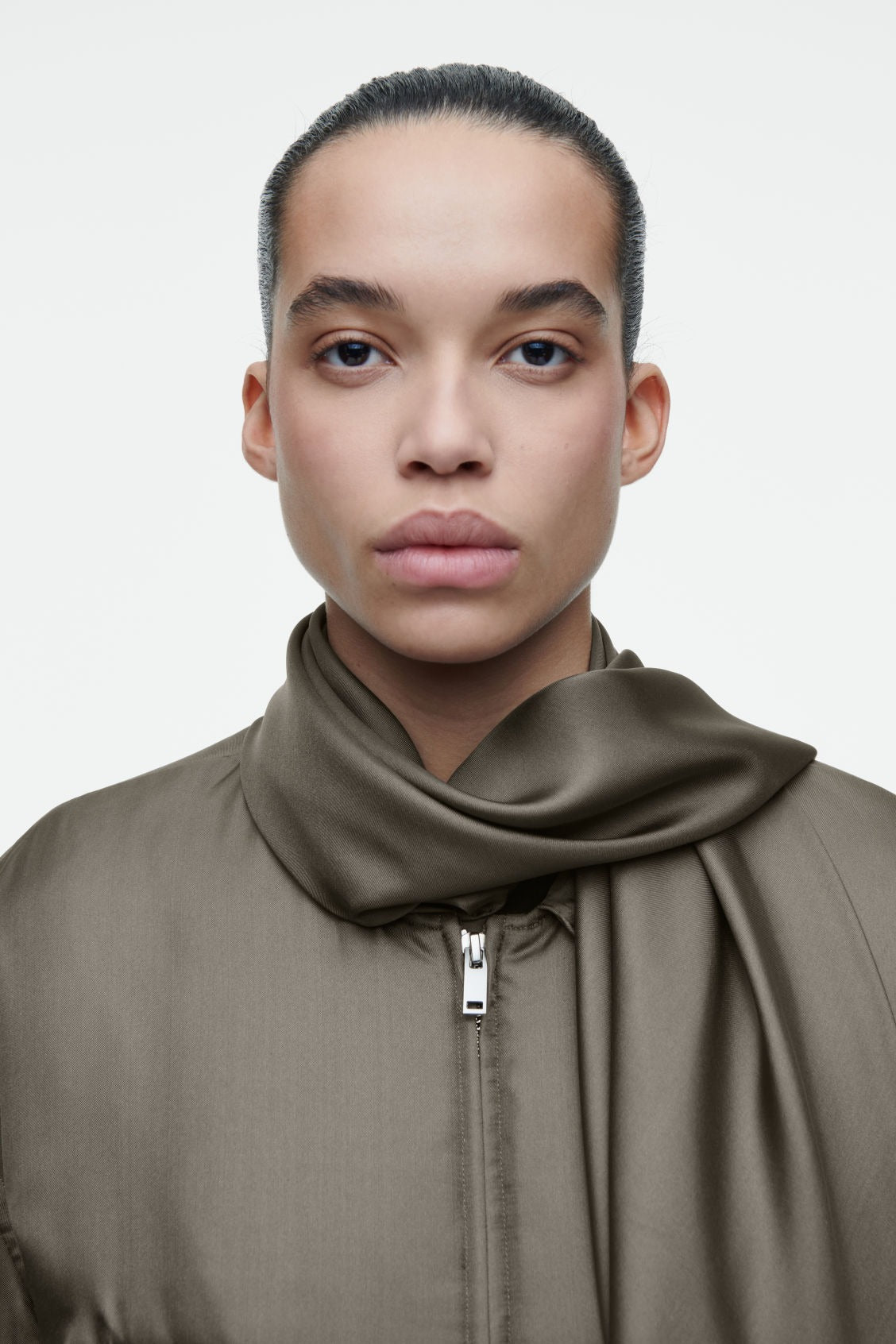 Scarf-detail padded silk bomber jacket