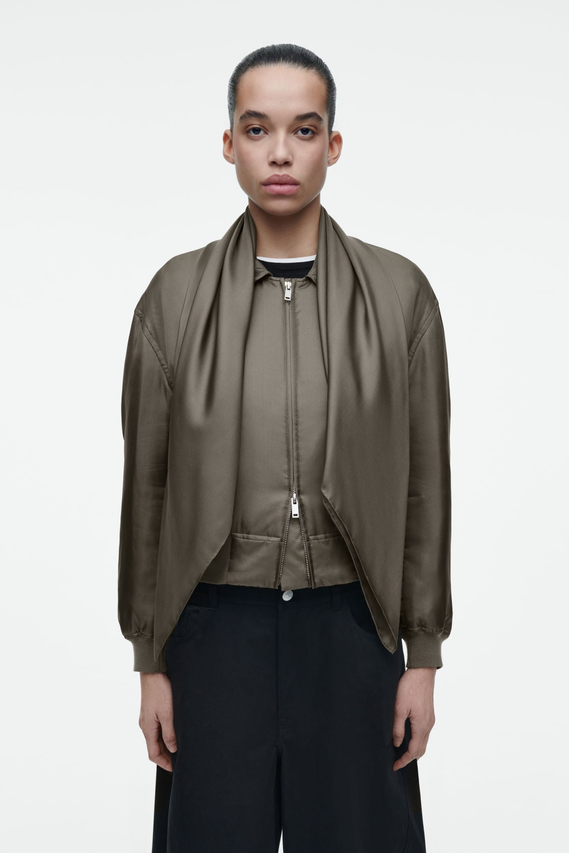 Scarf-detail padded silk bomber jacket