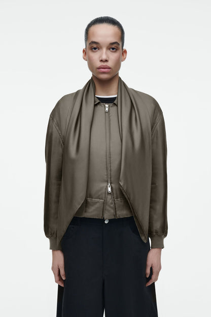 Scarf-detail padded silk bomber jacket