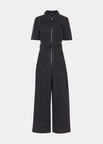 Washed Black Denim Pintuck Belted Jumpsuit