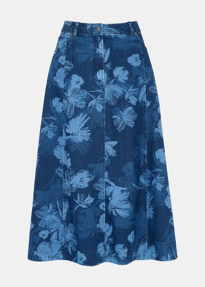 Denim Chalk Print Denim Midi Skirt