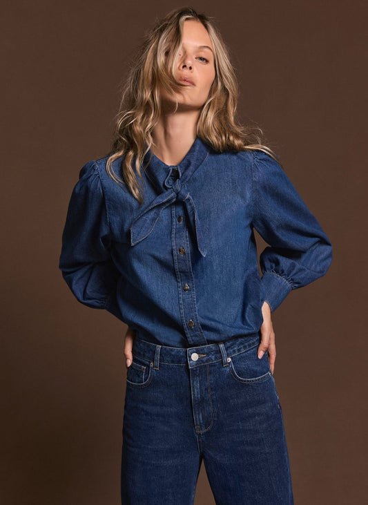 Tie Neck Denim Blouse