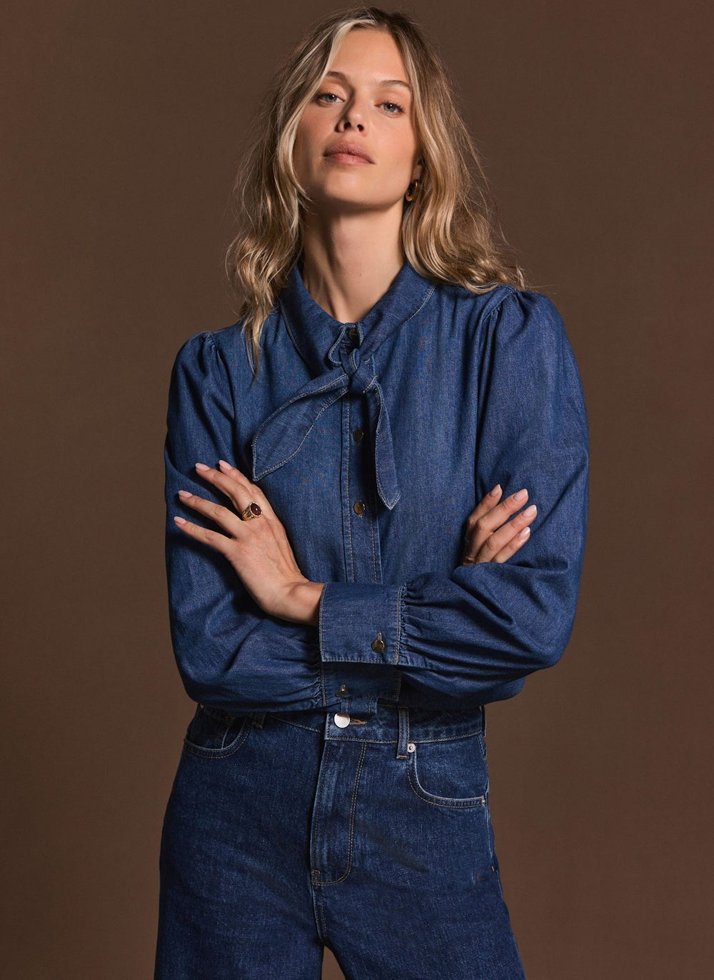 Tie Neck Denim Blouse