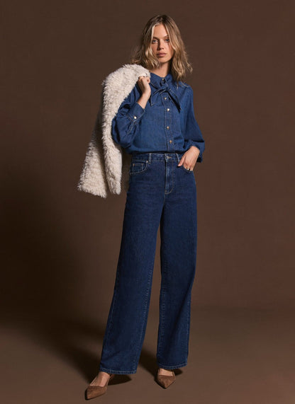Tie Neck Denim Blouse