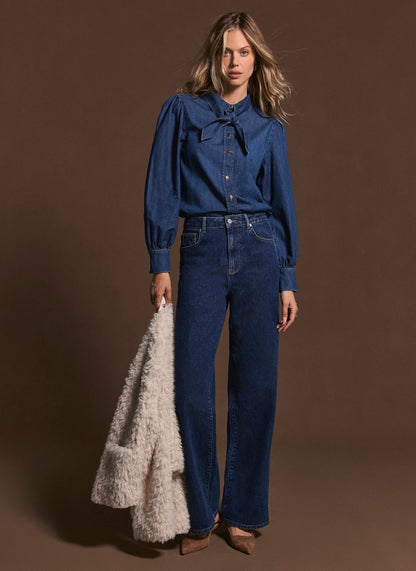 Tie Neck Denim Blouse