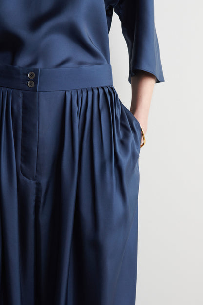 Draped Pleated Silk Straight-Leg Trousers