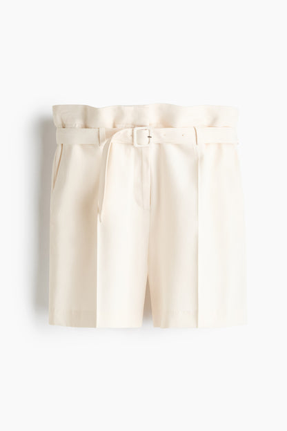 Cream Belted viscose-blend shorts