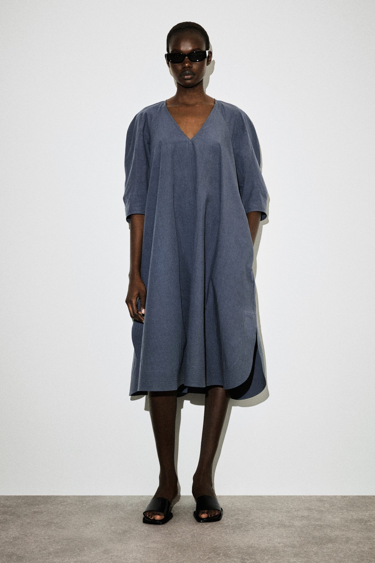 Rounded V-Neck Cotton Midi Dress