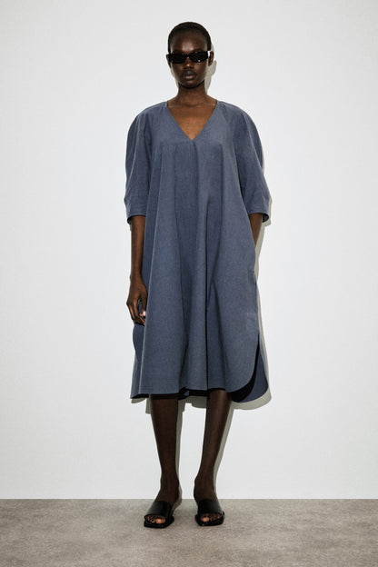 Rounded V-Neck Cotton Midi Dress