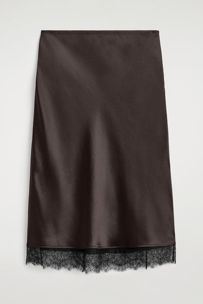 Lace-Trimmed Satin Midi Skirt