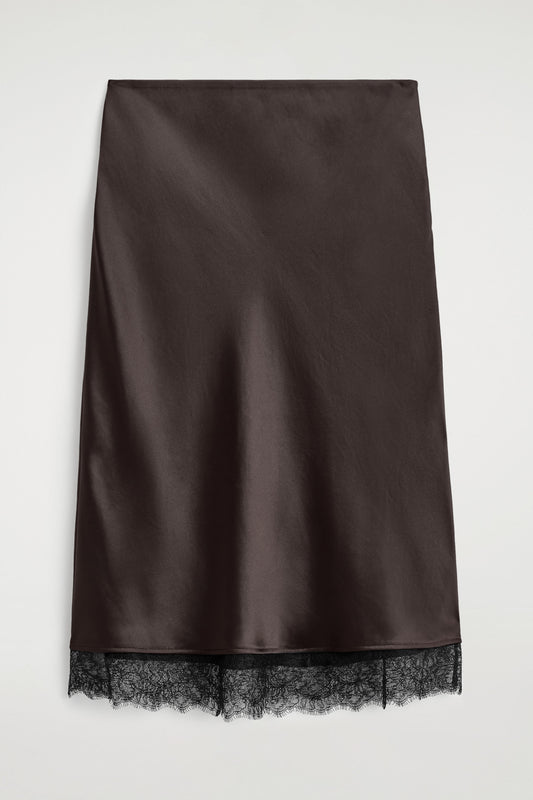 Lace-Trimmed Satin Midi Skirt