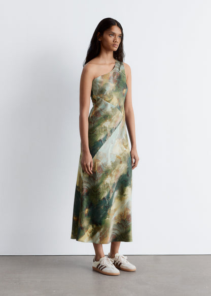One-Shoulder Satin Midi Dress